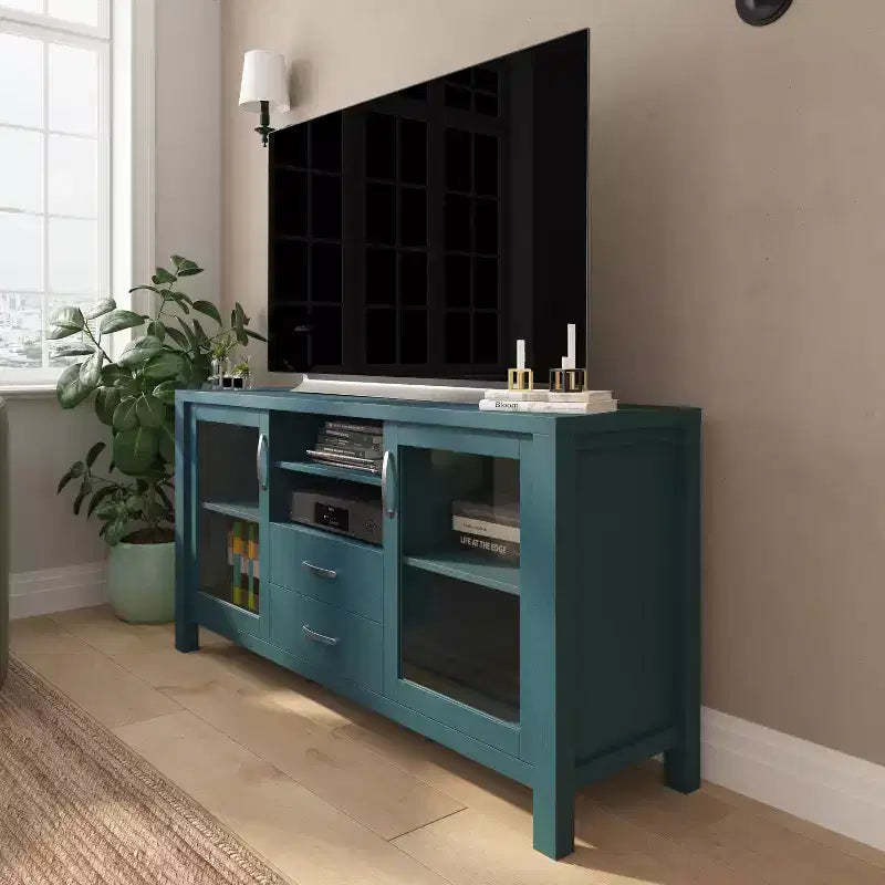 Merrick Lane Two-Drawer Engineered Wood Buffet Sideboard Cabinet with Open Shelf, Two Tempered Glass Cabinet Doors for Dining Room/Kitchen