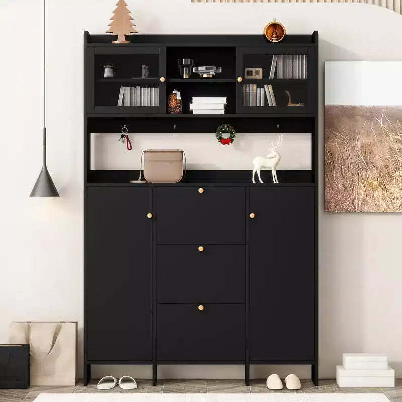 Entryway Shoe Cabinet with Flip Drawers, Contemporary Shoe Cabinet with Open Storage Platform, Tempered Glass Hall Tree For Hallway Entryway
