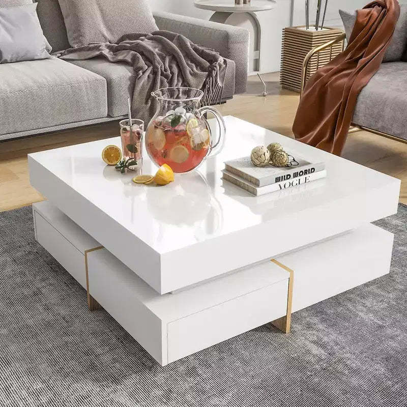 Modern High Gloss Coffee Table With 4 Drawers, Multi-Storage Square Cocktail Tea Table,Center Table,abstract,white,31.5in,2.63ft