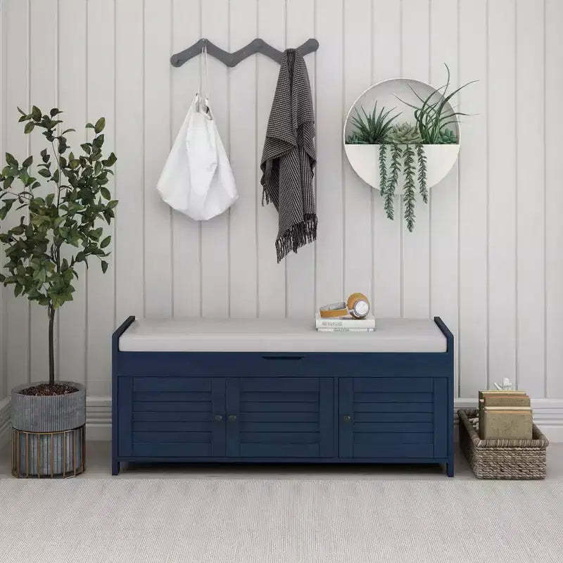 Wooden Storage Bench, Upholstered Entryway Bench with Removable Cushion, Shoe Cabinet with Hidden Storage for Entryway Bedroom Living Room