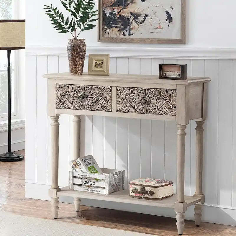 COSIEST Vintage Solid Wood 2-Drawers Console Table-31.5W x 12L x 30H
