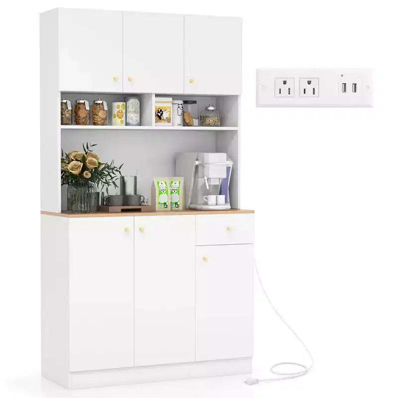 Costway 71 Tall Pantry Cabinet with Outlets USB Ports Anti-Tipping Kits Adjustable Shelves White