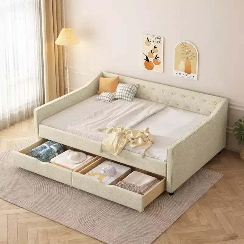 Twin/Full Size Upholstered Tufted Daybed with 2 Storage Drawers/Trundle and Button on Back and Piping on Waved Shape Arms, 4Q -ModernLuxe