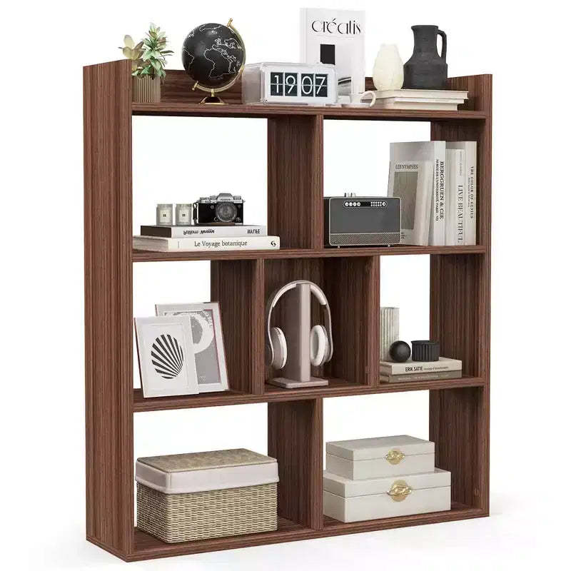 Costway 1/2 PCS 7-cube Bookcase Open Storage Shelf with Anti-tipping Kits for Living Room Walnut