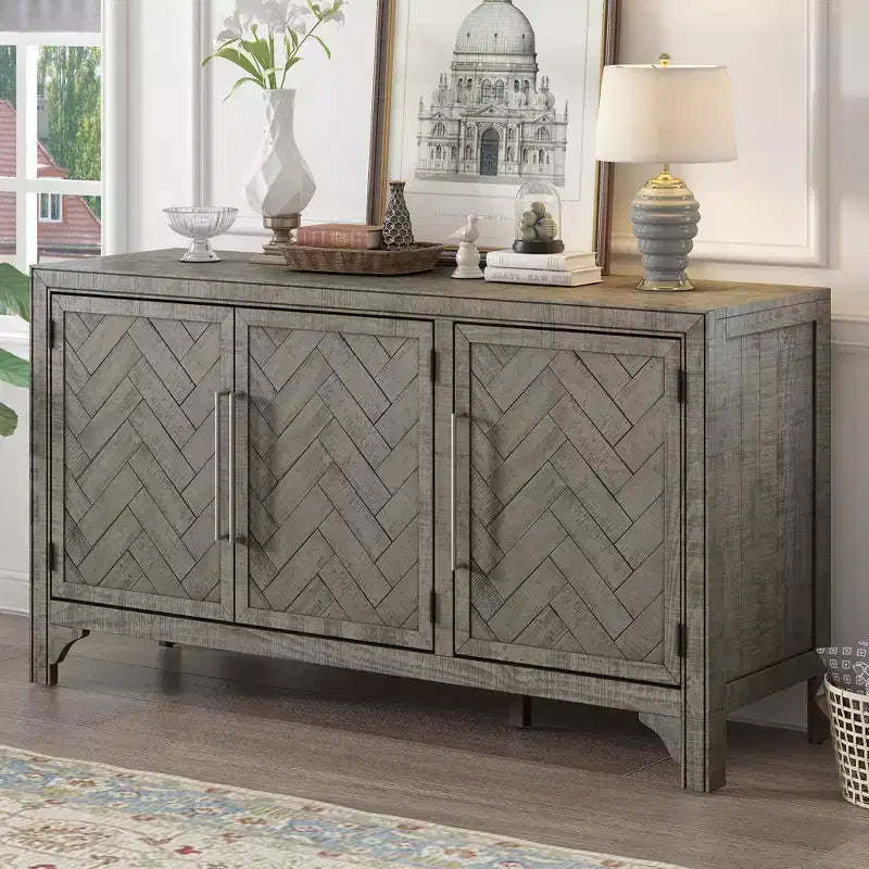 60W American Retro Sideboard with Adjustable Shelves, Storage Cabinet with 3 Doors for Living Room, Entrance and Study Room 4Q - ModernLuxe