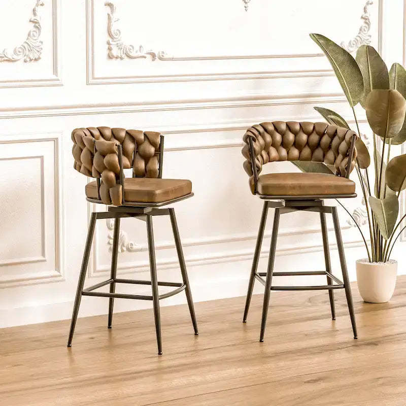 2 Woven Bar Stool,Black Legs No Adjustable Chairs,360 Swivel Upholstered Bar Chair Counter Stool Arm Chairs With Back Footrest