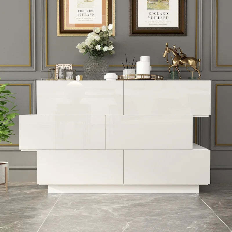 6 Drawers Dresser High Gloss Dresser Chest Off-Set Design Buffet