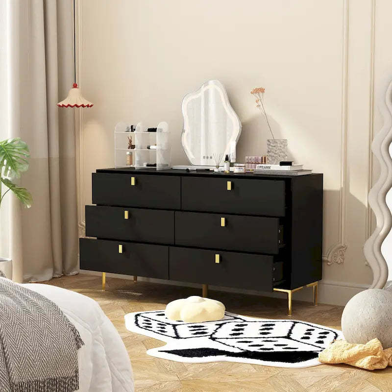 Dresser 6 Drawer Wood Dresser for Bedroom with Storage Modern Gold