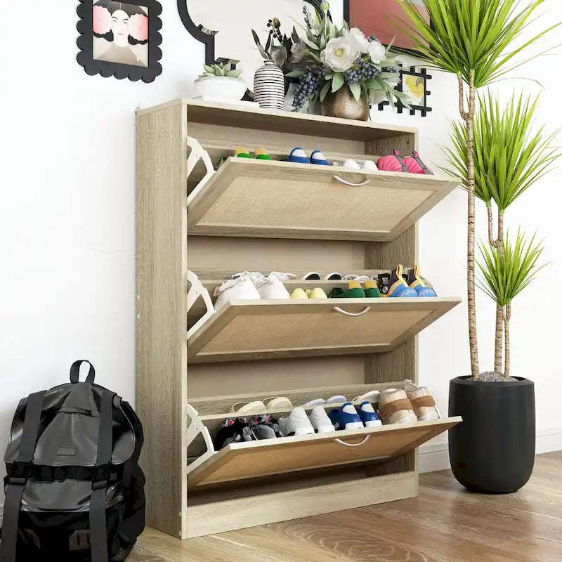 Shoe Cabinet, Shoe Rack Storage Organizer with 3 Flip Drawers Rattan