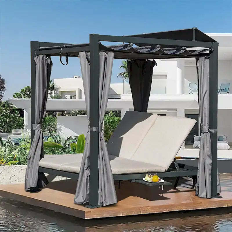 Patio Aluminum Retractable Canopy Bed with Cushion & Cup Holder