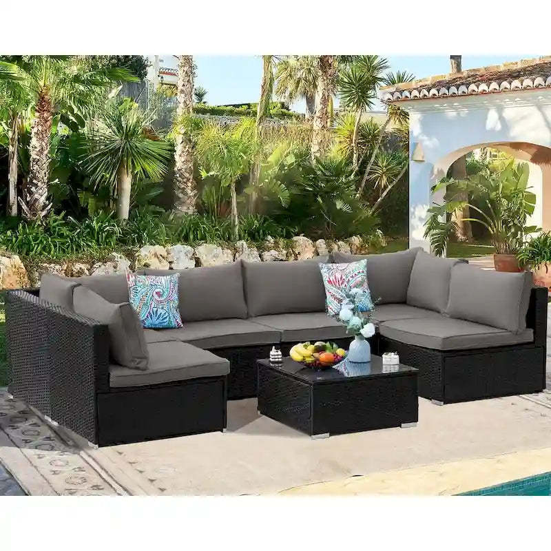Outdoor Black Wicker 7-Piece Sofa Set with Gray Cushions
