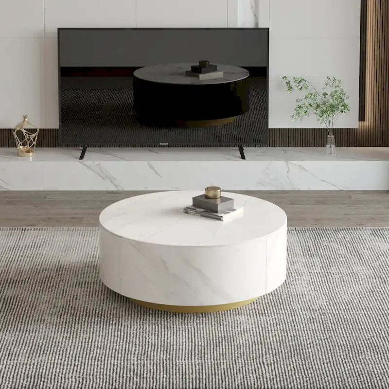 Faux Marble Top Round Modern Coffee Table with 2 Drawers