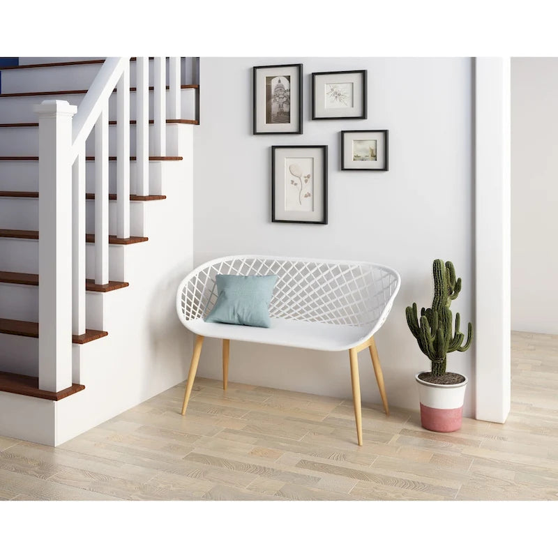 Kurv Indoor/Outdoor Bench, White/Natural, Weather Resistant