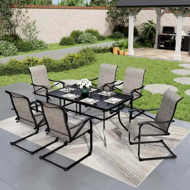 7 Pieces Patio Dining Set, 6 x C Spring Motion Chairs Textilene and 1 Metal Table with 2.6 Umbrella Hole