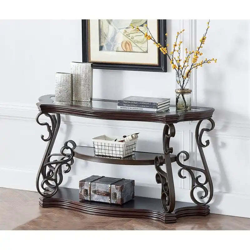 Traditional control table tempered glass top and middle shelf, retro living room foyer hallway entrance table