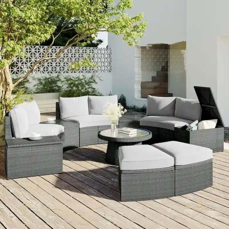 Abrihome 10-Piece Outdoor Sectional Half Round Patio Rattan Sofa Set,Light Gray