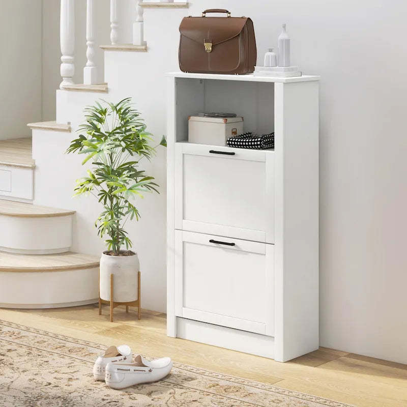 HOMCOM Shoe Cabinet, Freestanding Shoe Storage Cabinet Organizer with 2 Flip Drawers, Adjustable Shelves