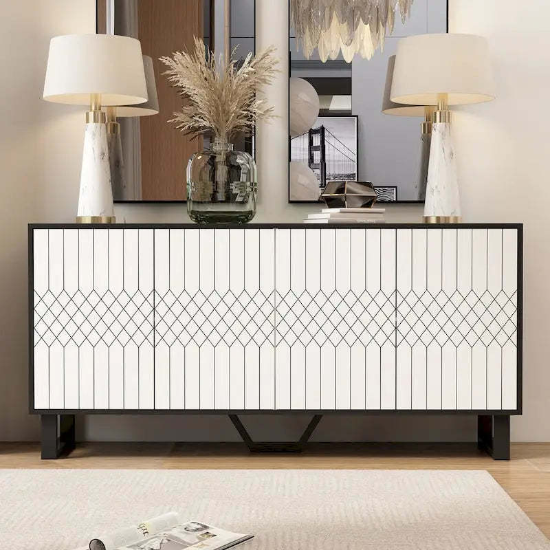 Modern 4 Door Bookmatch Buffet 63inch Black White End Table Sideboard