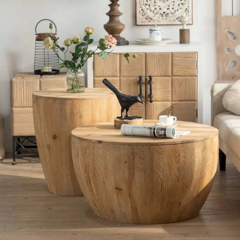 Vintage Style Bucket Drum Shaped Wooden Coffee Table