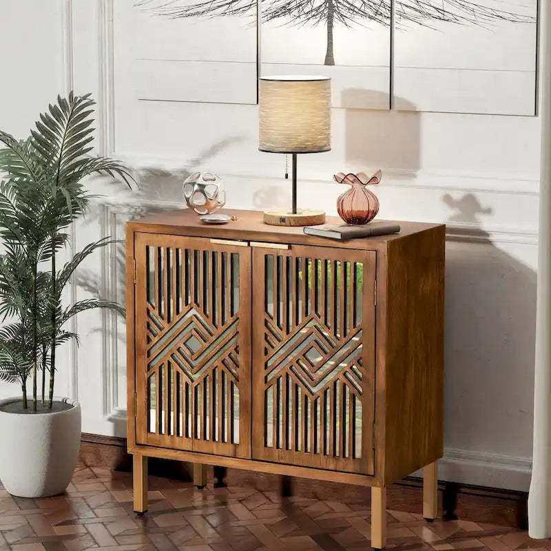 COZAYH Mirror Fronts Rustic Farmhouse Accent Cabinet with Geometric Overlays