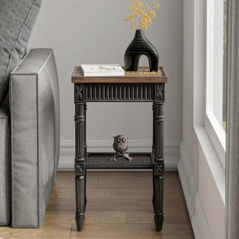 COZAYH French Country Distressed Accent Table, Espresso Tray Top and Woven Wicker Shelf, Boho, Farmhouse, Rustic Decor