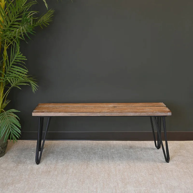 Roundhill Furniture Aryven Industrial Wood Dining Bench, Rustic Dark Pine Finish