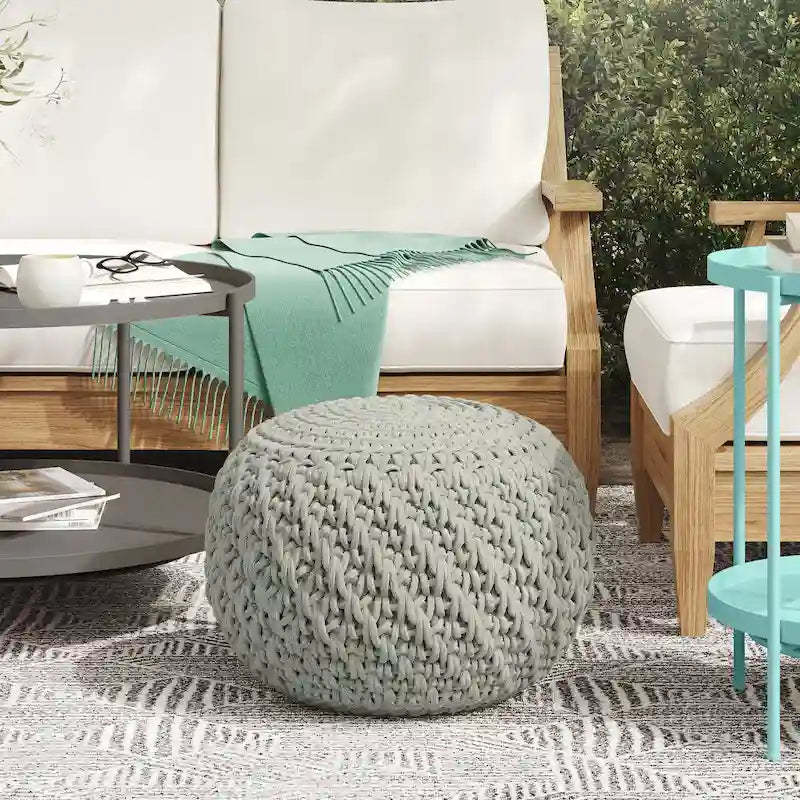 WYNDENHALL Cora Round Knitted Pouf in Light Grey Recycled PET Polyester