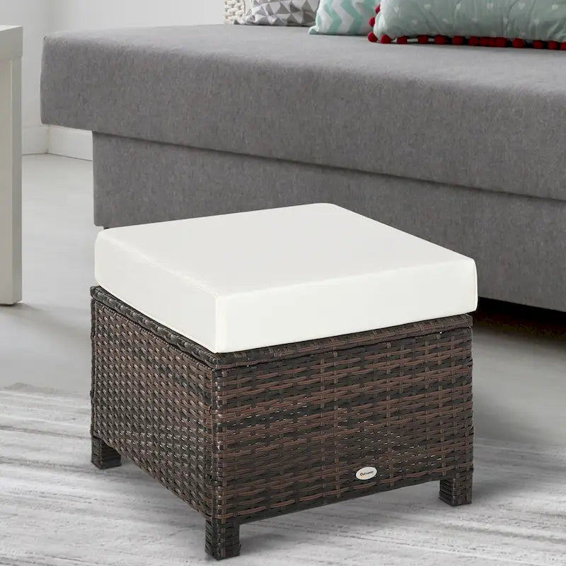 Outsunny Modern Rectangle Rattan Wicker Ottoman Footrest with Removable Cushion and Modern Design for Outdoor/Indoor Use
