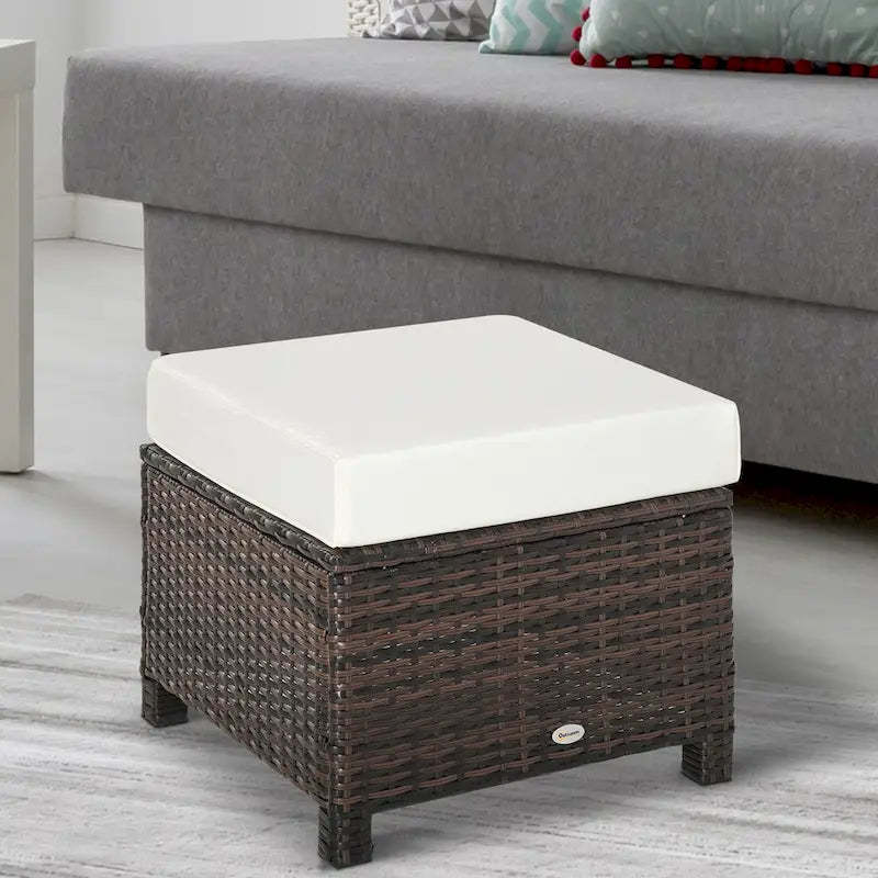 Outsunny Modern Rectangle Rattan Wicker Ottoman Footrest with Removable Cushion and Modern Design for Outdoor/Indoor Use