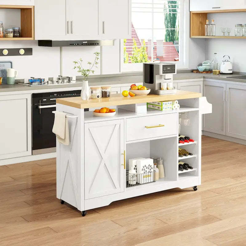 Moasis 47 Wide Rolling Kitchen Island with Wine Storage Cabinet Drawer Power Outlet