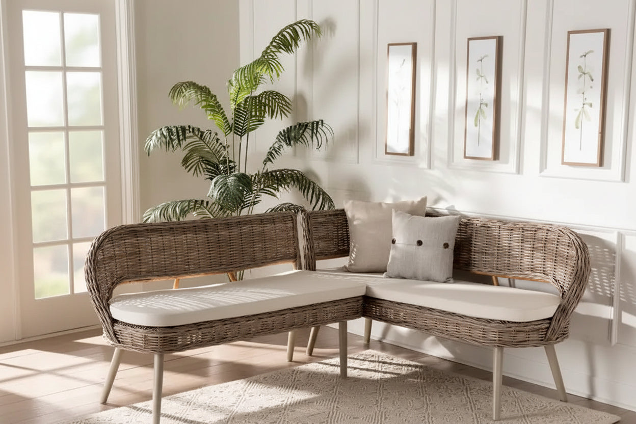 Raisa Modern Bohemian Natural Kubu Rattan and Acacia Wood 2-Piece Dining Nook Banquette Set