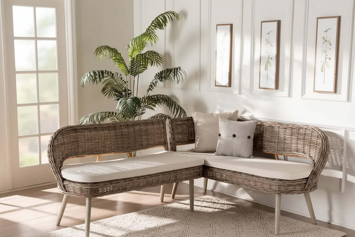 Raisa Modern Bohemian Natural Kubu Rattan and Acacia Wood 2-Piece Dining Nook Banquette Set