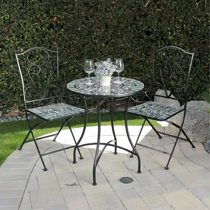 Alpine Corporation Indoor/Outdoor Marbled Glass Mosaic 3-Piece Bistro Set Folding Table and Chairs Patio Seating