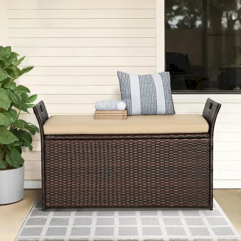 90 Gallon Outdoor Patio PE Rattan Wicker Storage Bench Deck Box with Cushion
