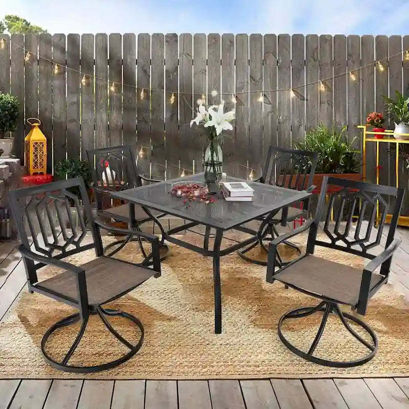 MFSTUDIO 5-Piece Patio Dining Set, 4 Sling Swivel Chairs and Multi Role Metal 37inch Square Table with 1.57 Umbrella Hole