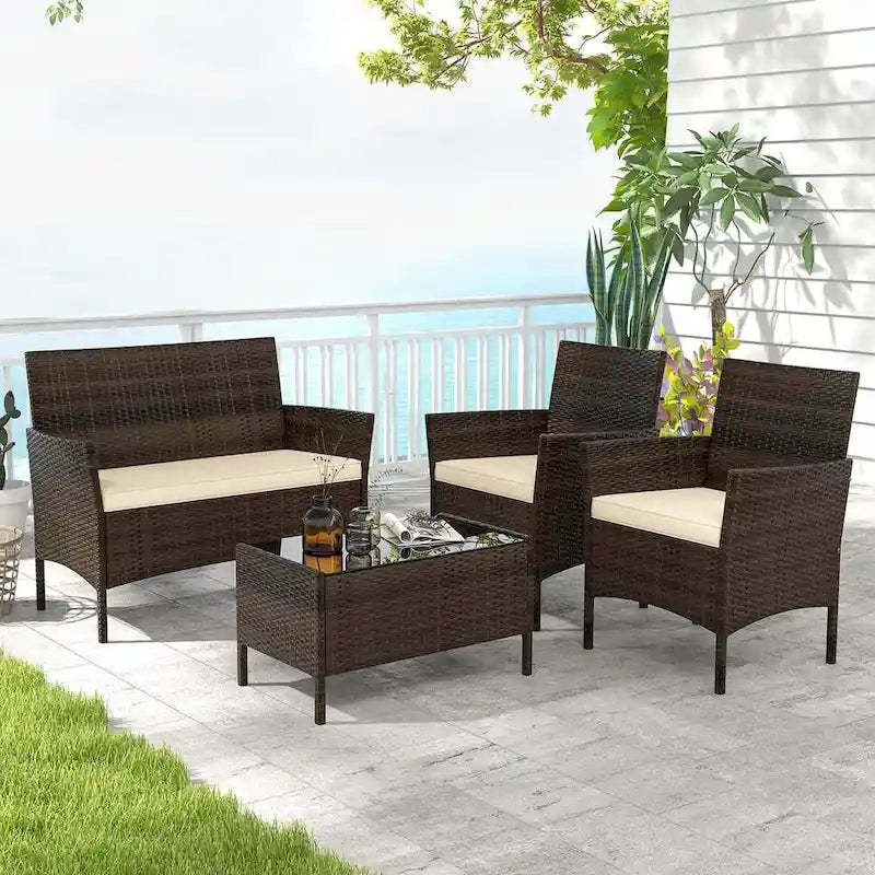 4 PCS Outdoor Rattan Conversation Set Patio Wicker Furniture Set