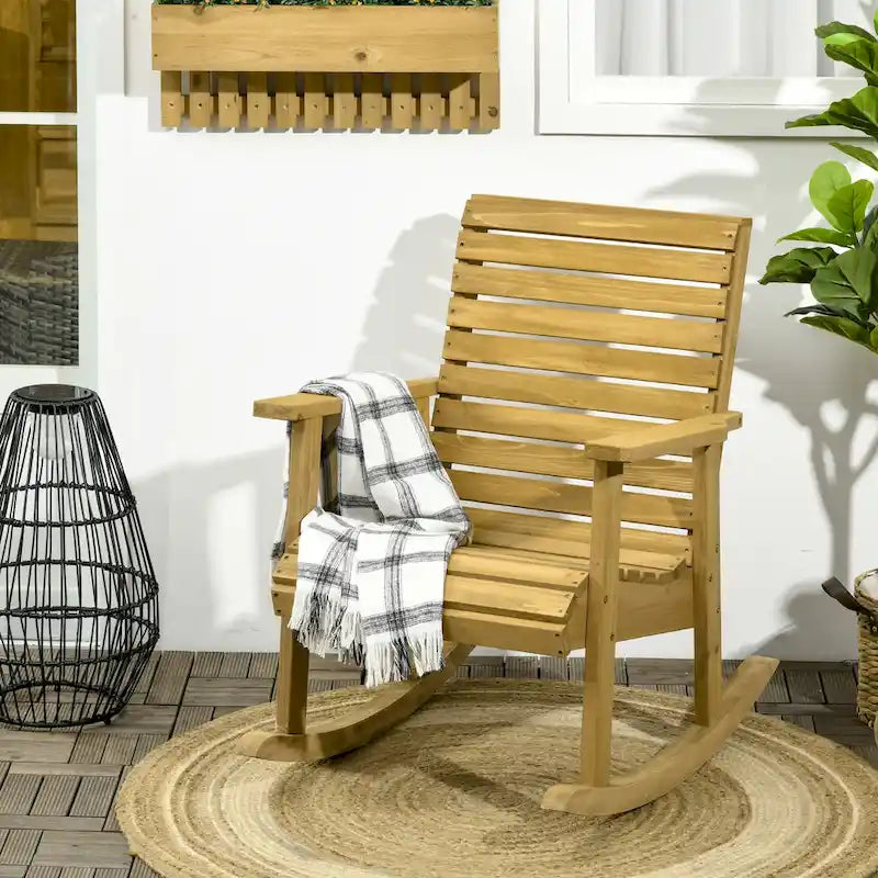 Outsunny Wooden Outdoor Rocking Chairs, Patio Traditional Rocking Chair, Slatted Structure Porch Rocker w/ Armrest