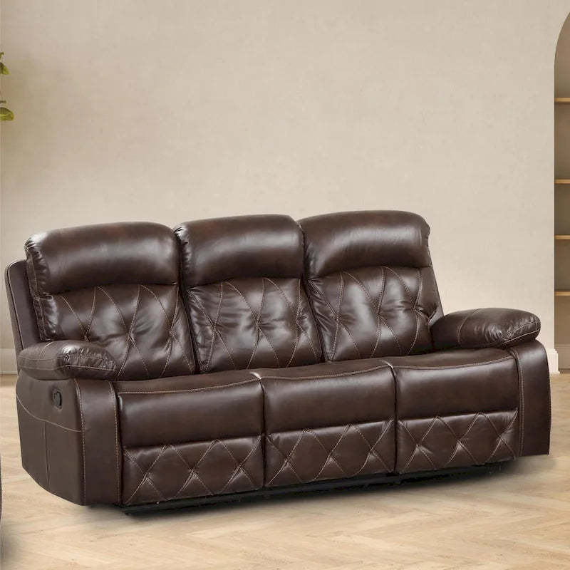 Owen Brown Breathable Leather Reclining Sofa with Diamond Stitching