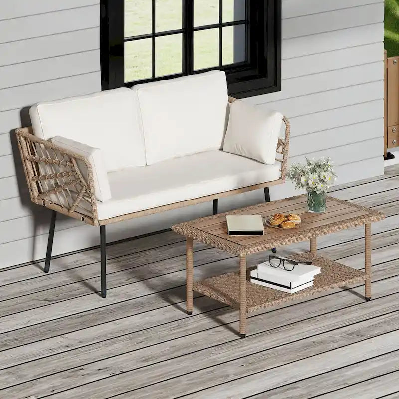 Moasis 2 Pieces Patio Furniture Set,Rattan Wicker Loveseat with Coffee Table