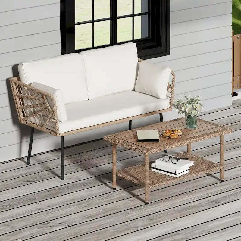 Moasis 2 Pieces Patio Furniture Set,Rattan Wicker Loveseat with Coffee Table