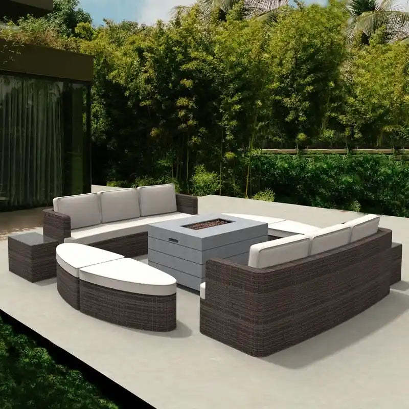 9-piece Patio Wicker Daybed Set with Concrete Fire Pit Table