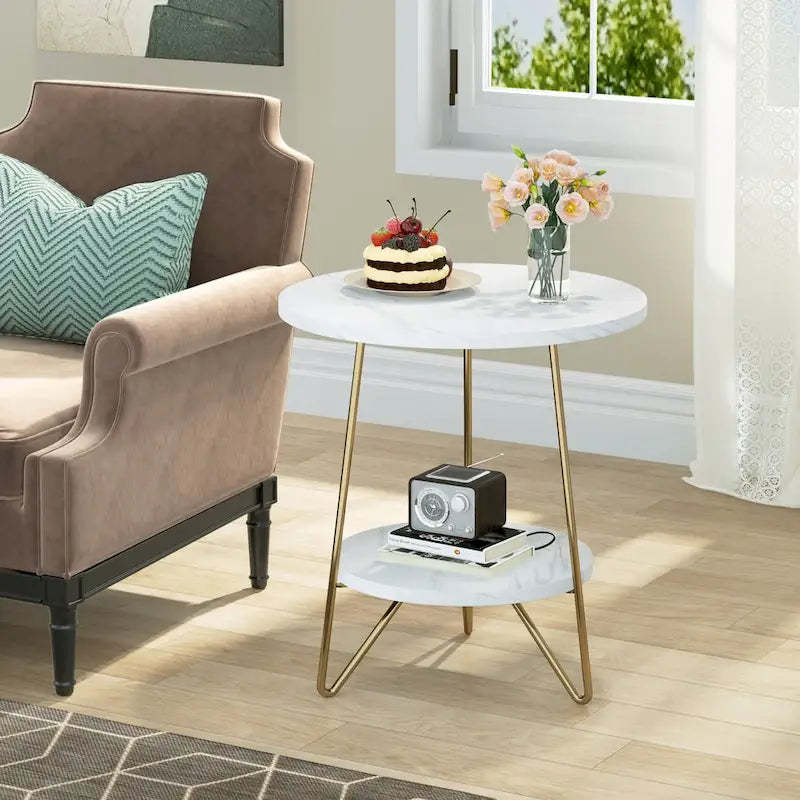 Marble Gold End Table Side Table with Shelves