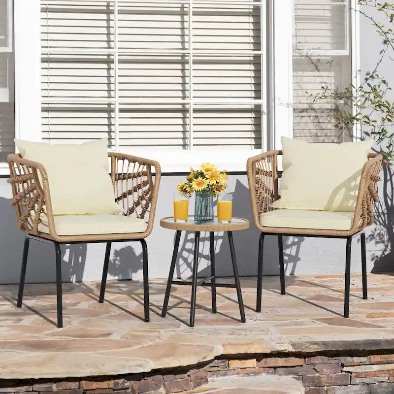 Moasis 3-Piece Cushioned Bistro Set Patio Wicker Chair and Side Table