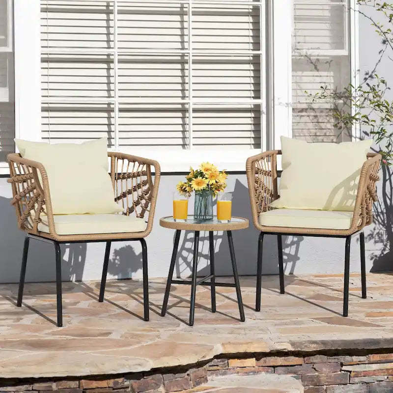 Moasis 3-Piece Cushioned Bistro Set Patio Wicker Chair and Side Table