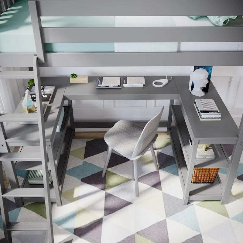 Max and Lily Twin Size High Loft Bed with Wraparound Desk and Shelves