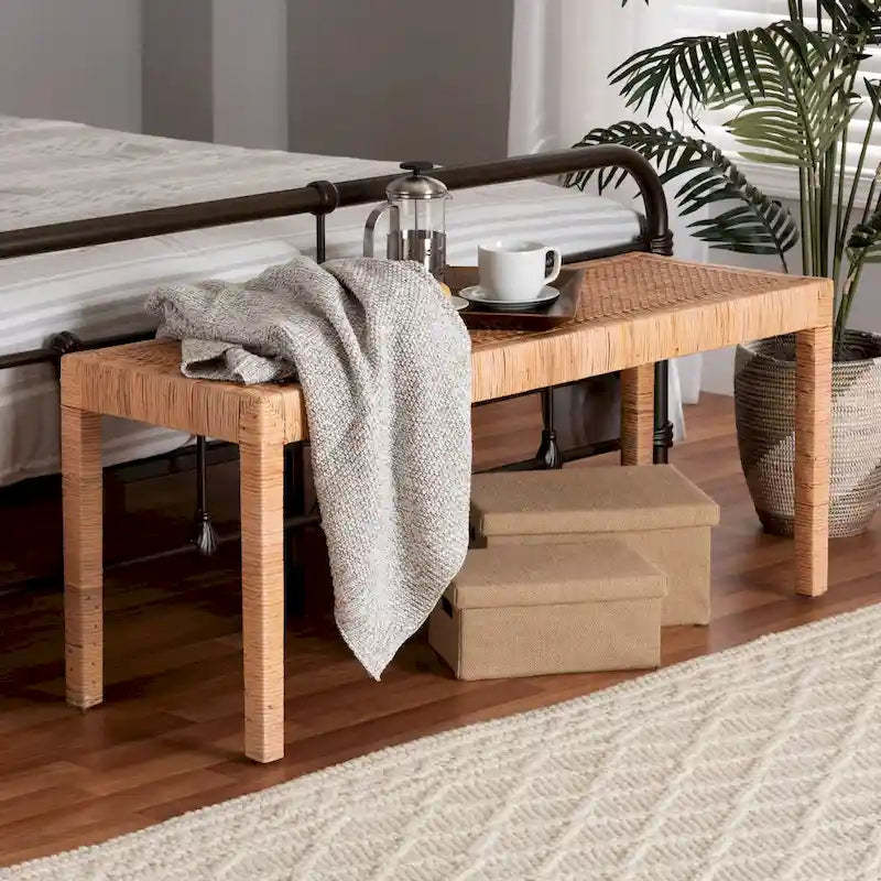 Abelia Modern Bohemian Natural Rattan and Mahogany Wood Accent Bench