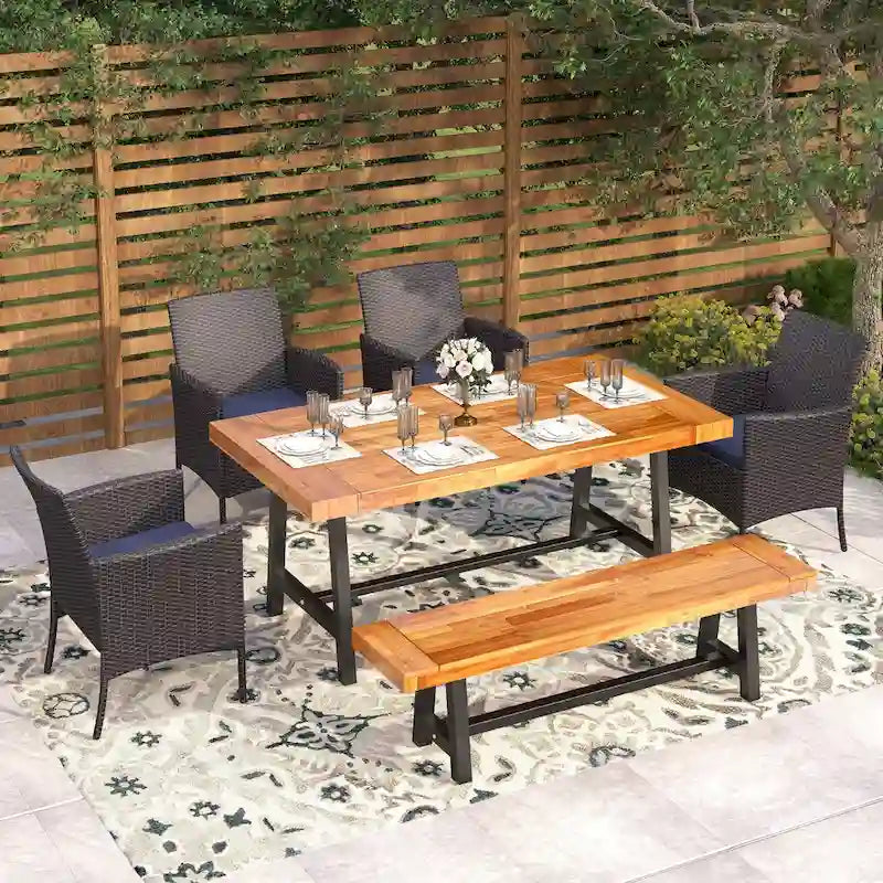 MAISON ARTS 6-Piece Acacia Wood/Rattan Cushioned Patio Dining Set