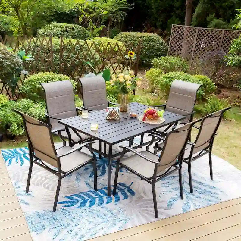MAISON ARTS 7-Piece / 5-Piece Padded Textilene Chairs with Wave Arms & Metal Table Patio Dining Set