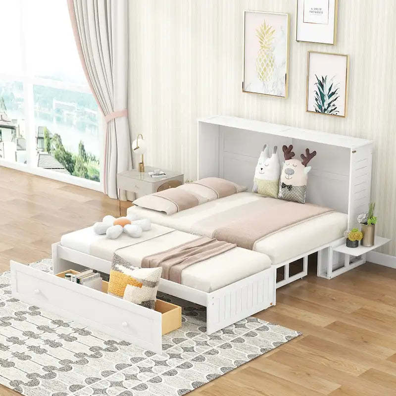 Nestfair White Queen Size Mobile Murphy Bed with Drawer and Shelves