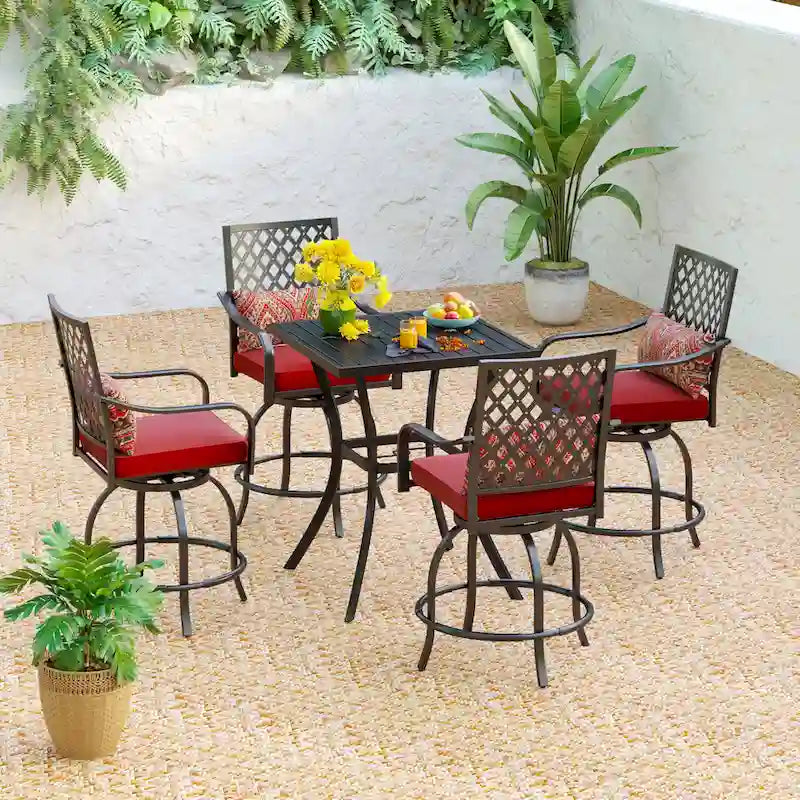 MAISONARTS 3/5-Piece Patio High Bar Stool Set Rattan Chair Back Cushioned High Bar stool & Steel High Table